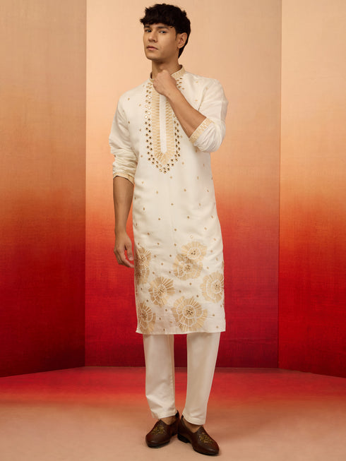 Men's Chiku Silk Blend Embroidered Kurta with Cream Pyjama